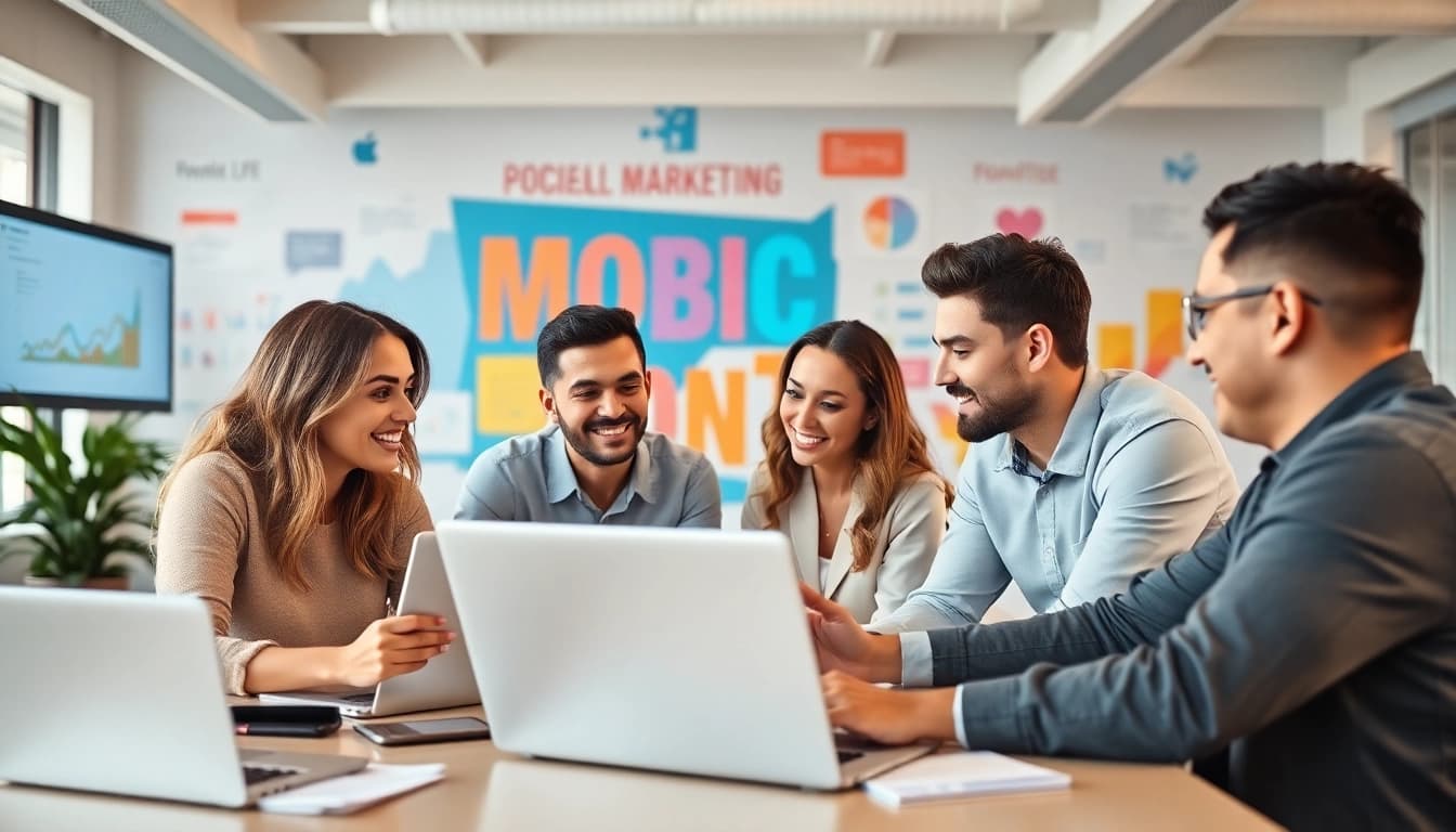 Engaging Edmonton social media marketing team collaboration in a bright office setting.