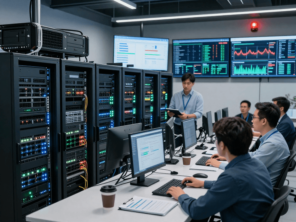 Administradores revisando servidores vps windows en un moderno centro de datos