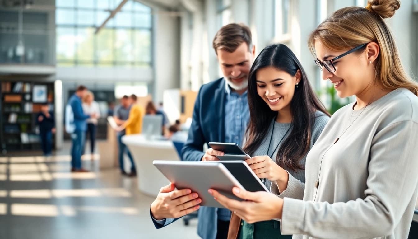 Engaging scene illustrating diverse users at https://buyingst.com marketplace, analyzing and collaborating.