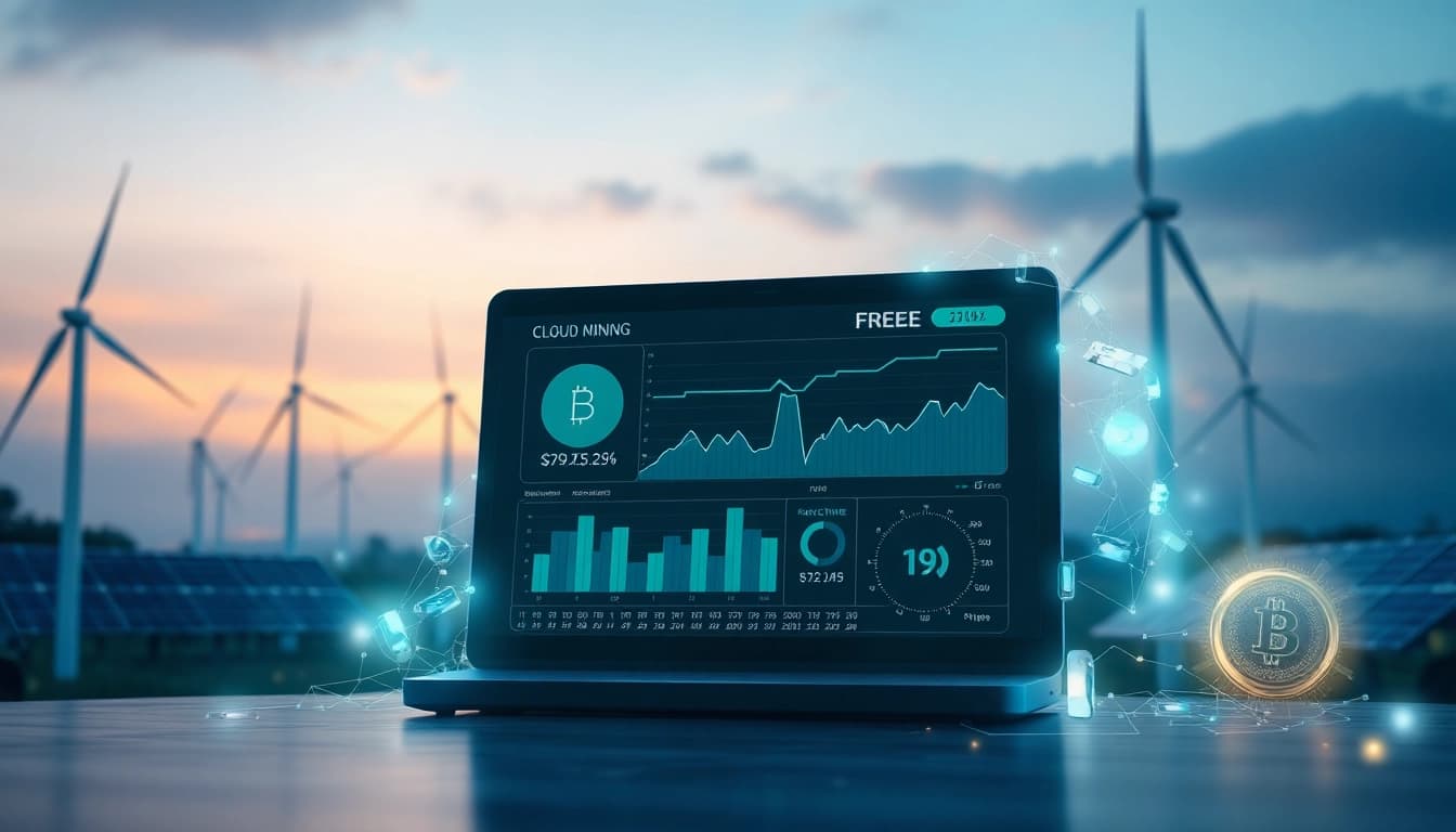 Visual representation of free cloud mining with renewable energy sources and advanced AI technology.