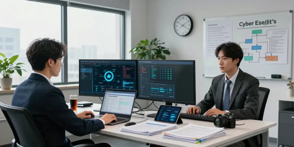 Cyber Essentials managed service workspace with analyst, compliance tools, and cybersecurity dashboards in a professional office environment.