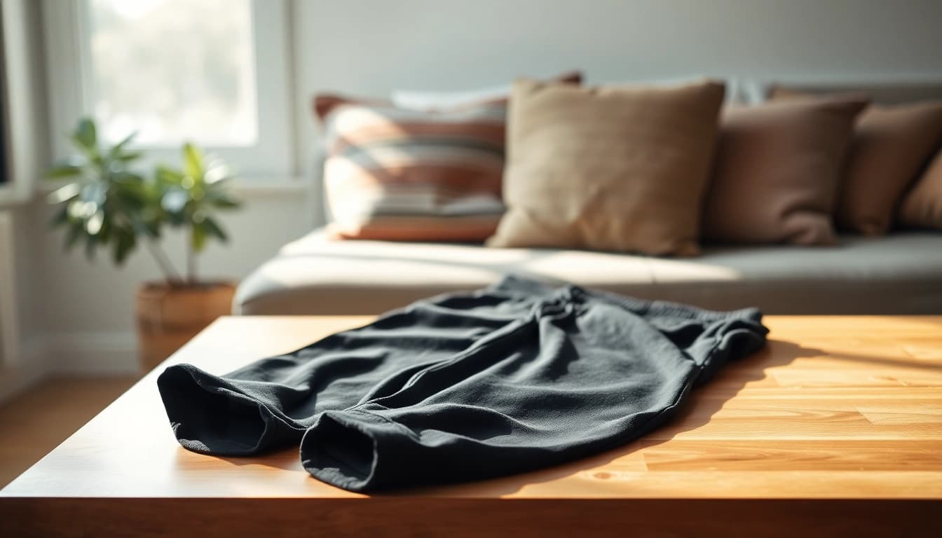 Showcasing black sweatpants in a cozy home setting, emphasizing comfort and style.