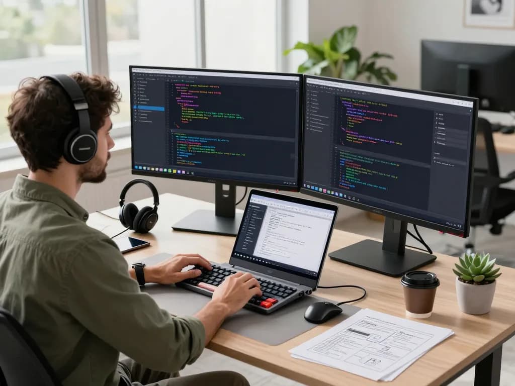 Developer using moltbot AI in a modern tech workspace with multiple monitors and user-friendly applications.