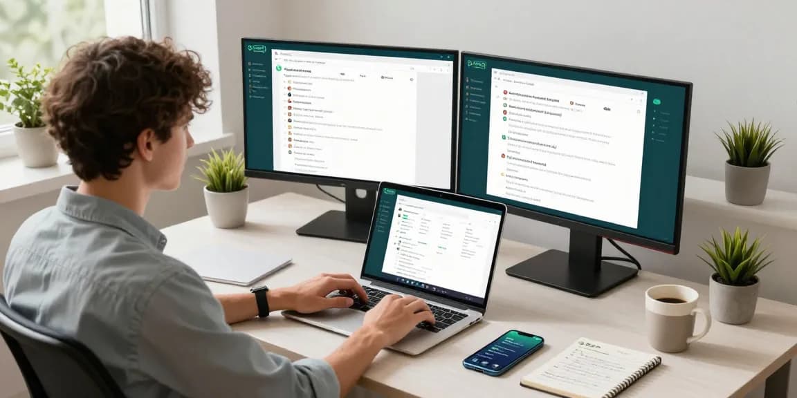 Professional home office using WhatsApp網頁版 on dual monitors with productive workspace elements.