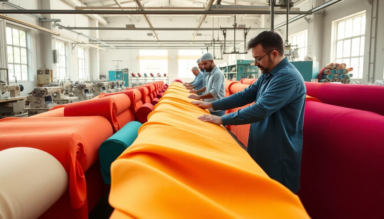 Kopen van goedkope katoen in een moderne fabriek met kleurrijke rollen stof.