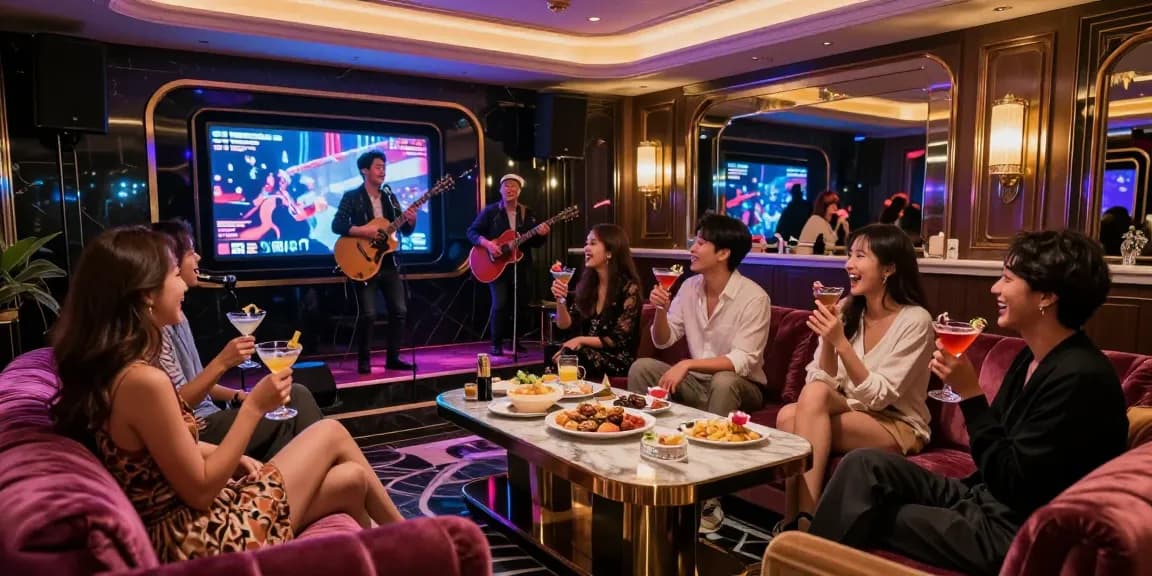 Group of friends enjoying a night at https://www.gangnamtune.com/ karaoke bar with vibrant lighting and cocktails.