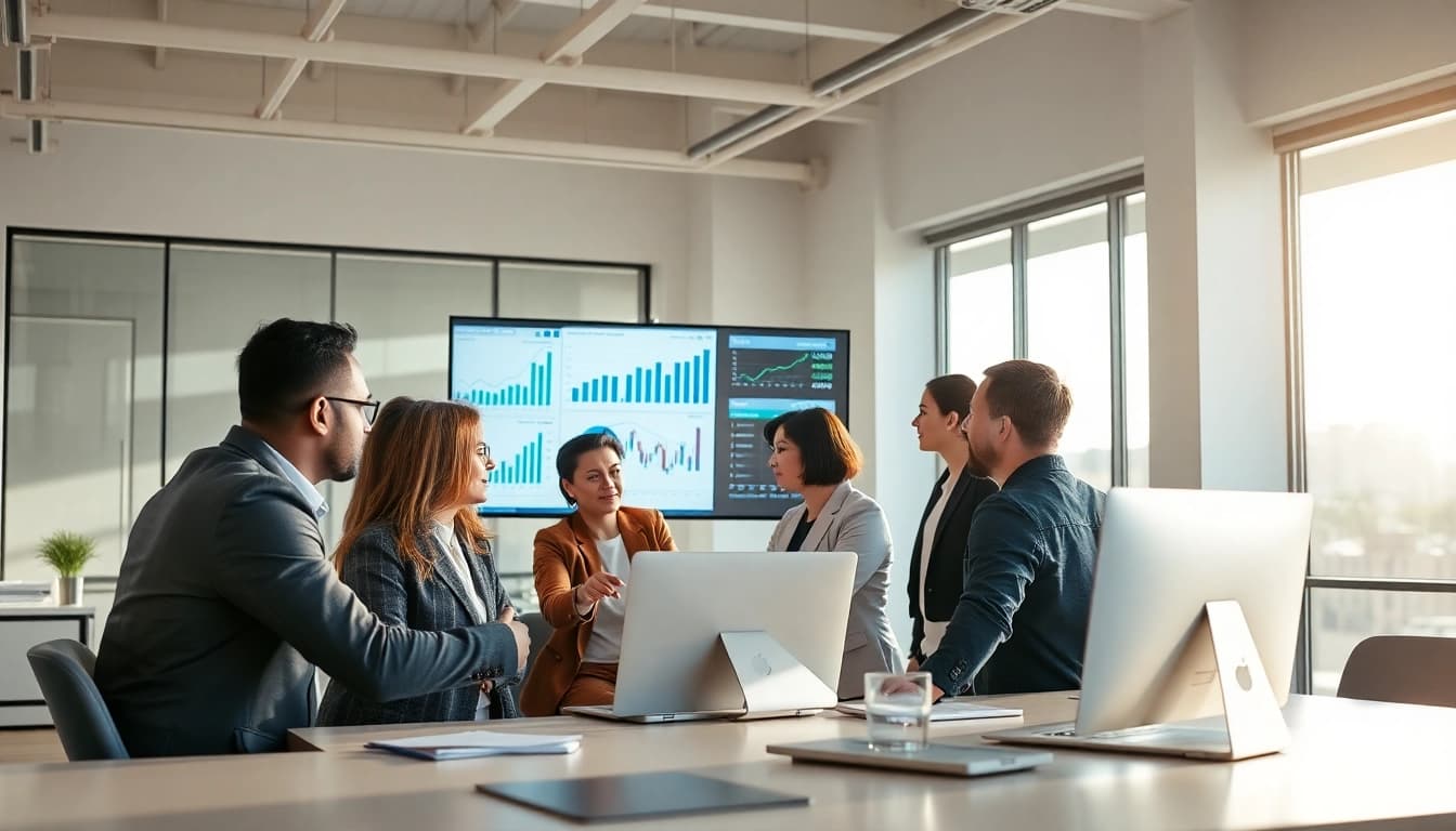 Analyze competitive intelligence data with a focused business team in a modern office setting.
