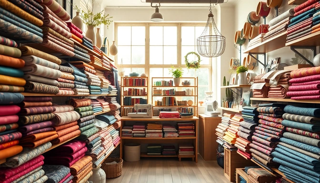 Kwaliteits stof prachtig gepresenteerd in een elegant textielwinkeltje.