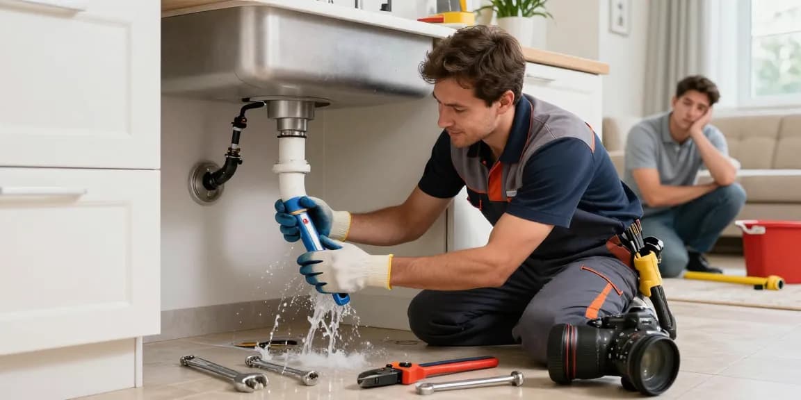 Northampton emergency plumber repairing a burst pipe in a residential kitchen, showcasing urgency and professionalism.
