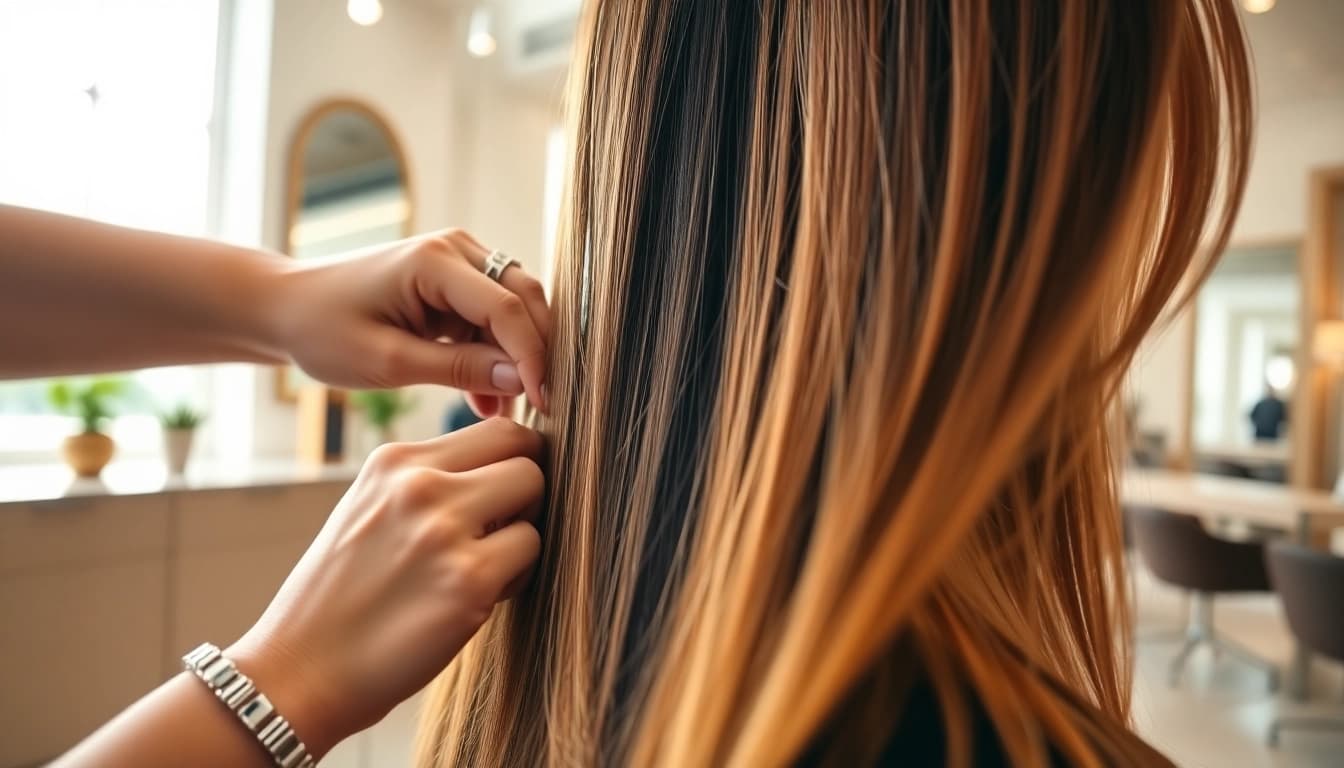 Apply genius weft hair extensions for a seamless and natural look at a professional salon.