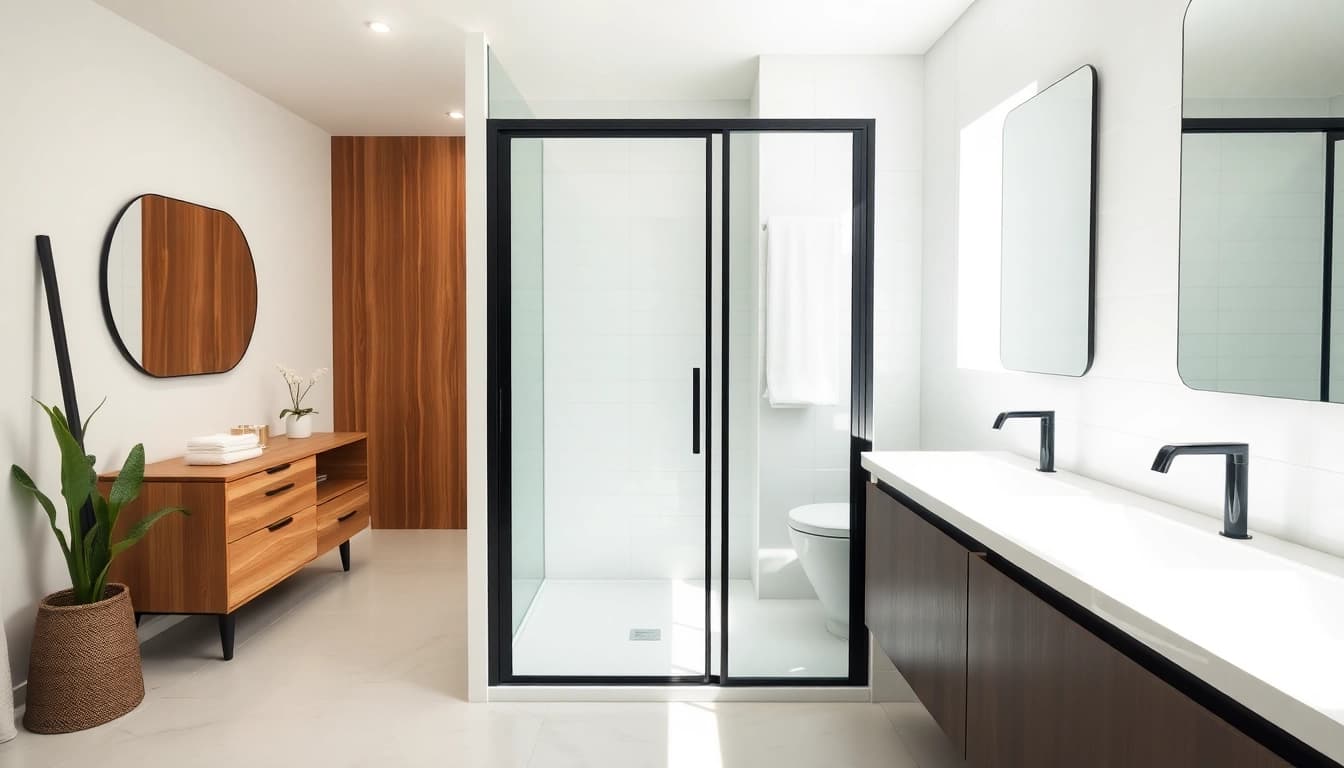 Enhance your bathroom with a stylish shower door black frame, exemplifying modern elegance and design.