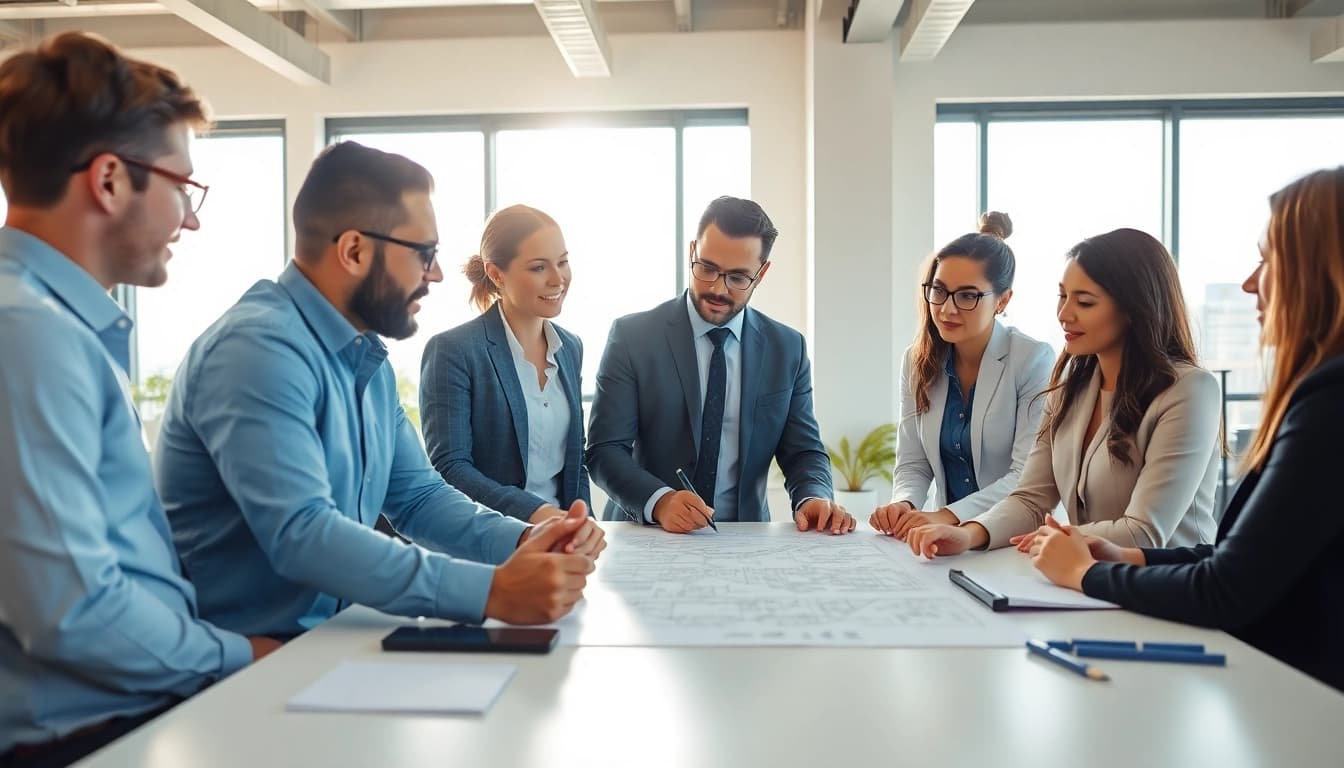 Engaged Manhattan Construction Manager leading a team in an office, showcasing collaboration and design.