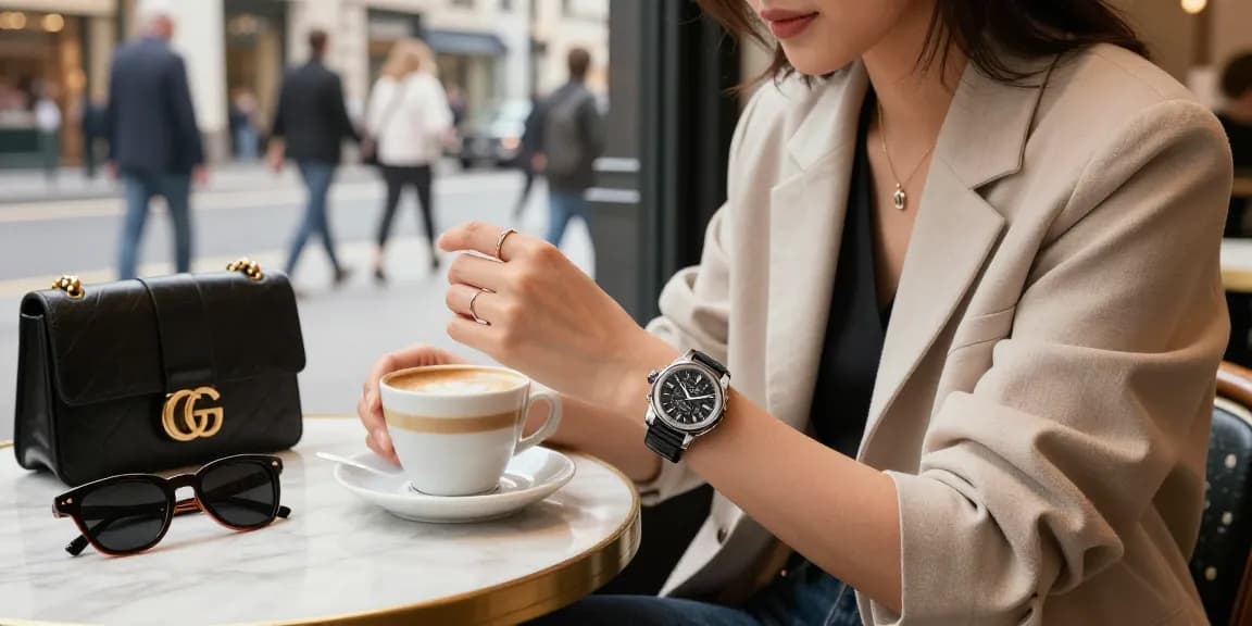 Chic individual showcasing super clone watches in urban café environment with stylish accessories.