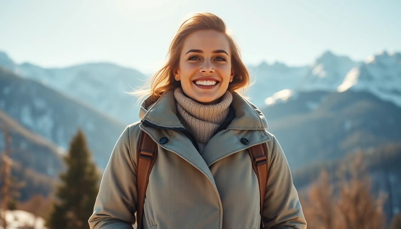 Model showcasing a lightweight winter coat for travel in a scenic snow landscape.