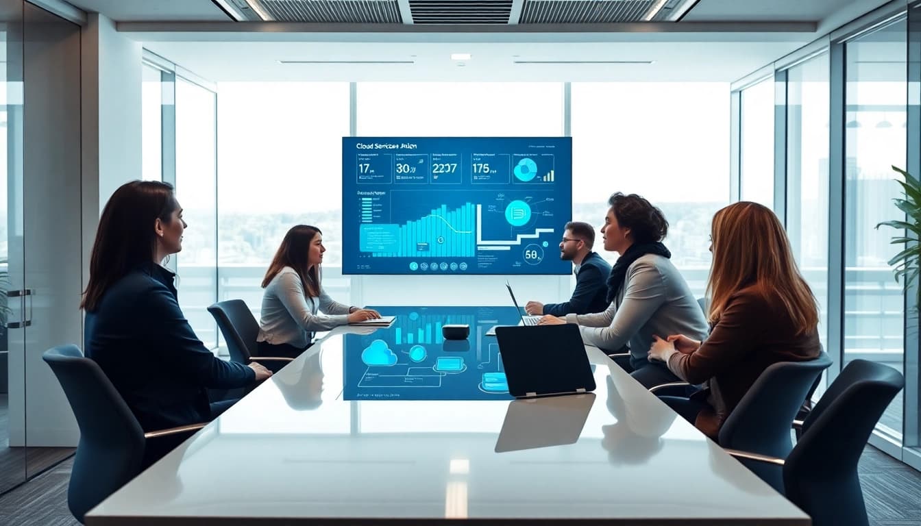 Cloud Services Tampa professionals collaborating in a modern office with digital interfaces.