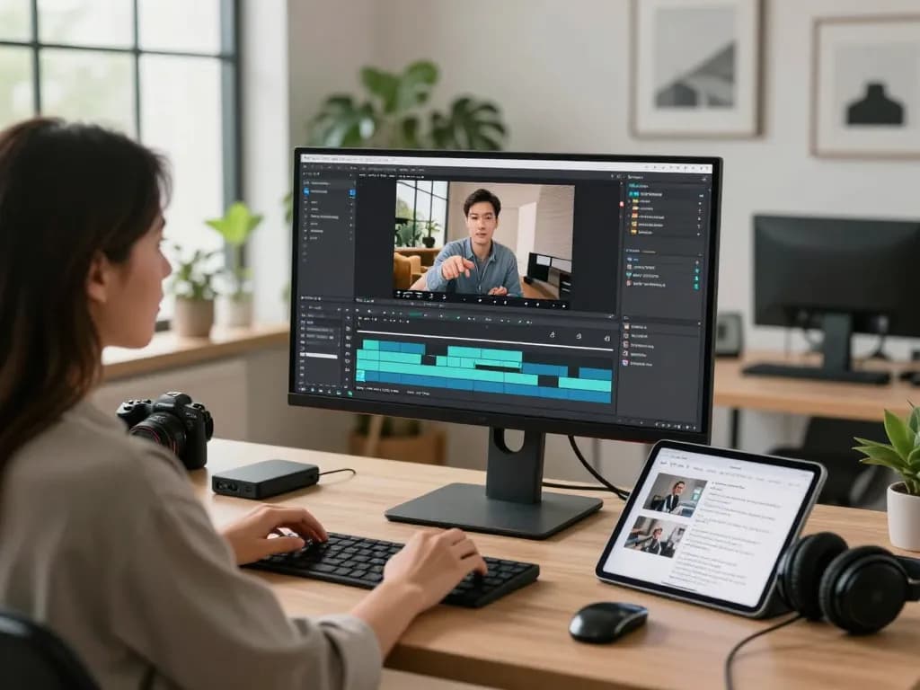 Video to prompt generator workspace with creator analyzing video content and software interface.