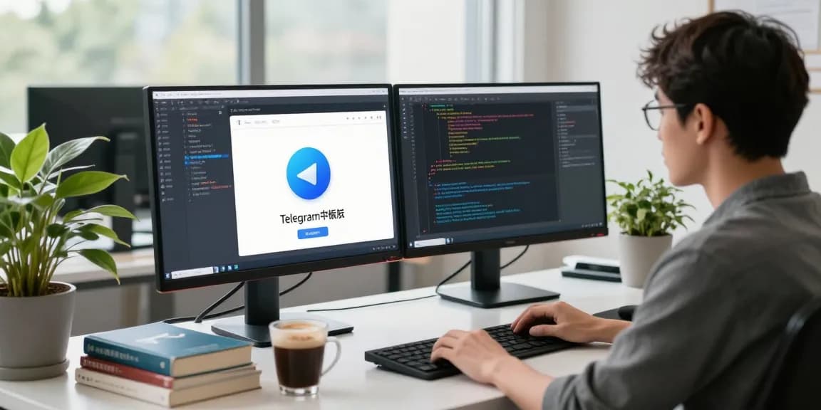 The developer coding 纸飞机中文版 at a modern desk with dual monitors, creating a focused tech workspace atmosphere.