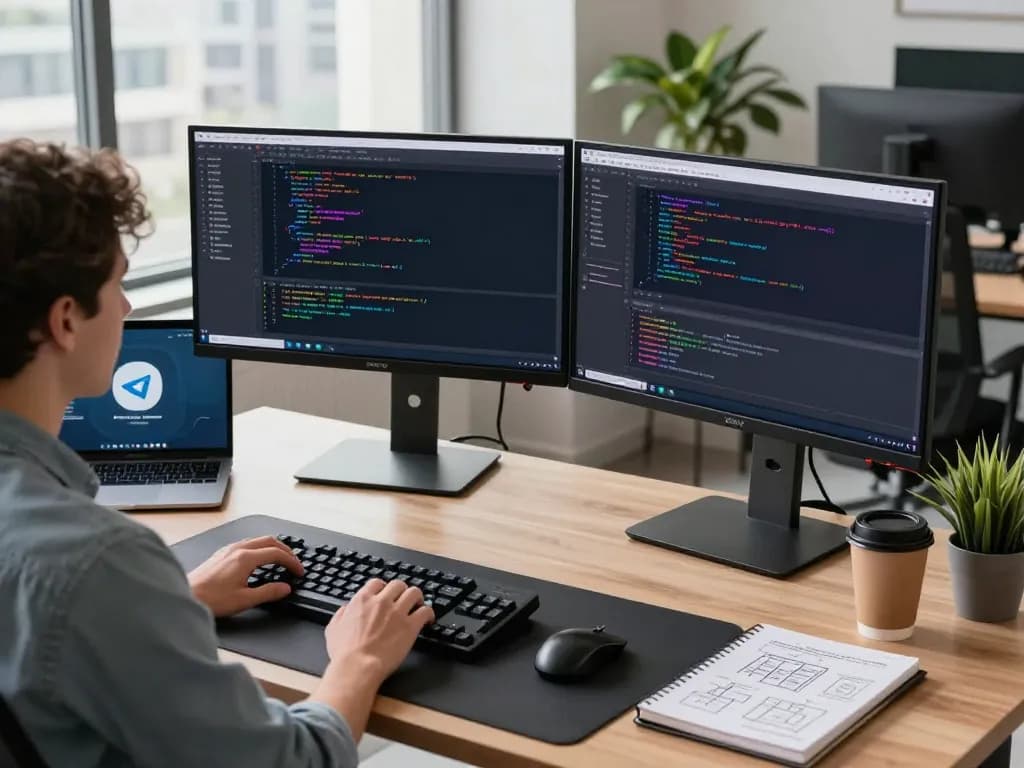 Experience seamless telegram 下载 in a modern developer workspace with vibrant coding displays.