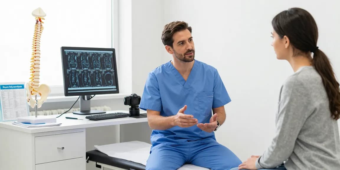 Boyun fıtığı ameliyatı consultation in a modern medical office, showcasing a doctor and patient discussing treatment.