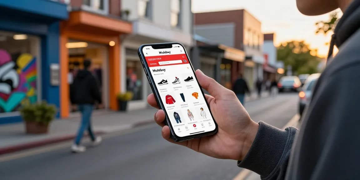 Individual browsing the Mulebuy spreadsheet for trendy fashion items in an urban setting.