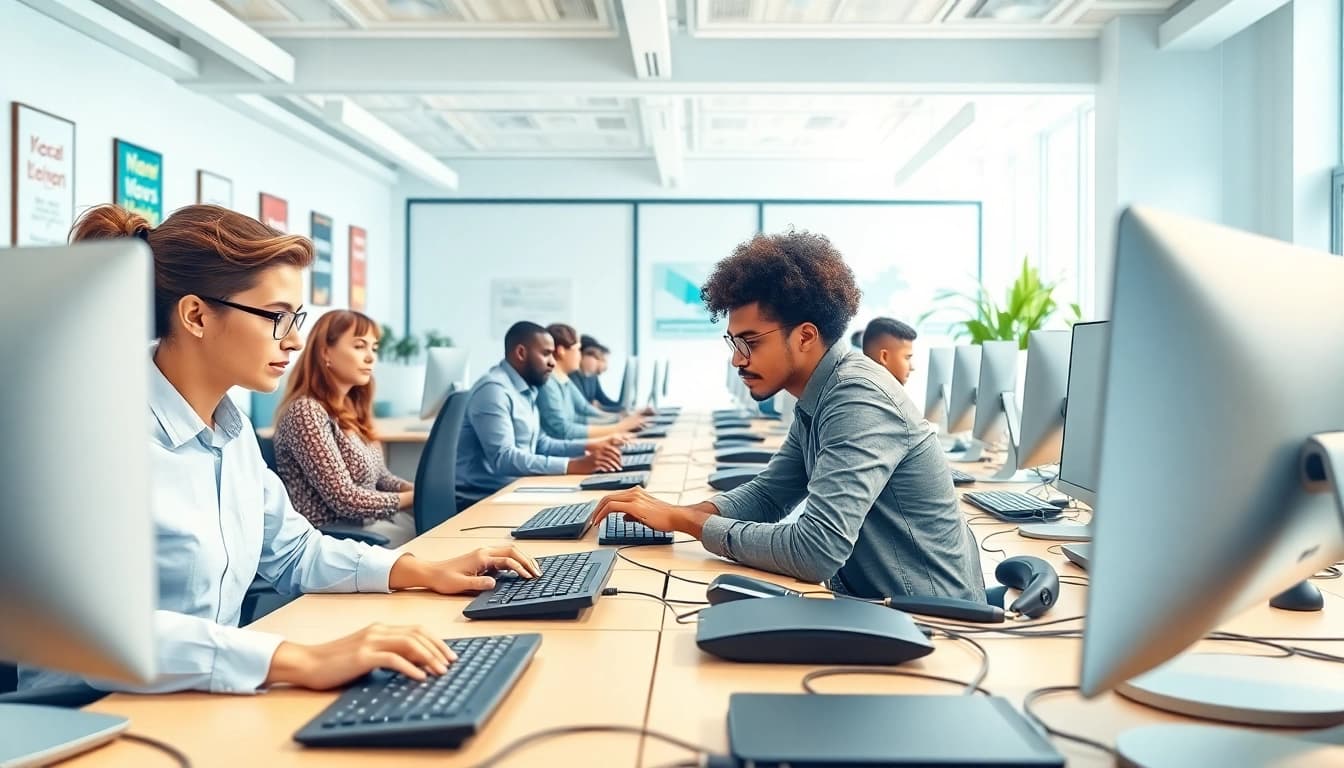 Explore a busy typing center with diverse professionals efficiently working together.