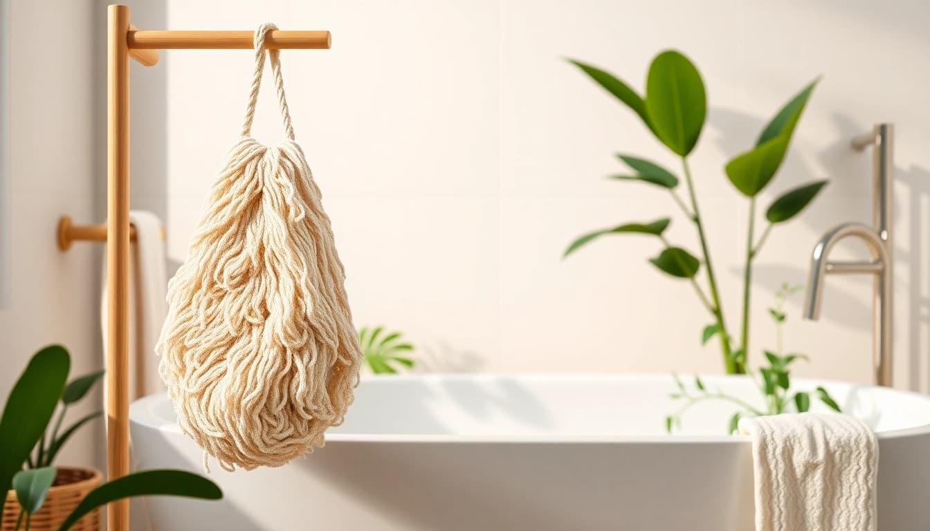 Clean and elegant view of the best back loofah for dry skin hanging in a bath setting.