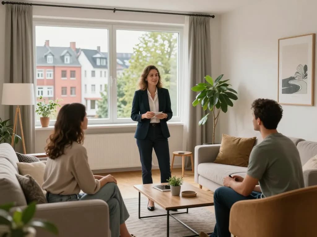 Immobilienmakler in Frankfurt Sachsenhausen, der potenziellen Käufern eine charmant eingerichtete Wohnung präsentiert.