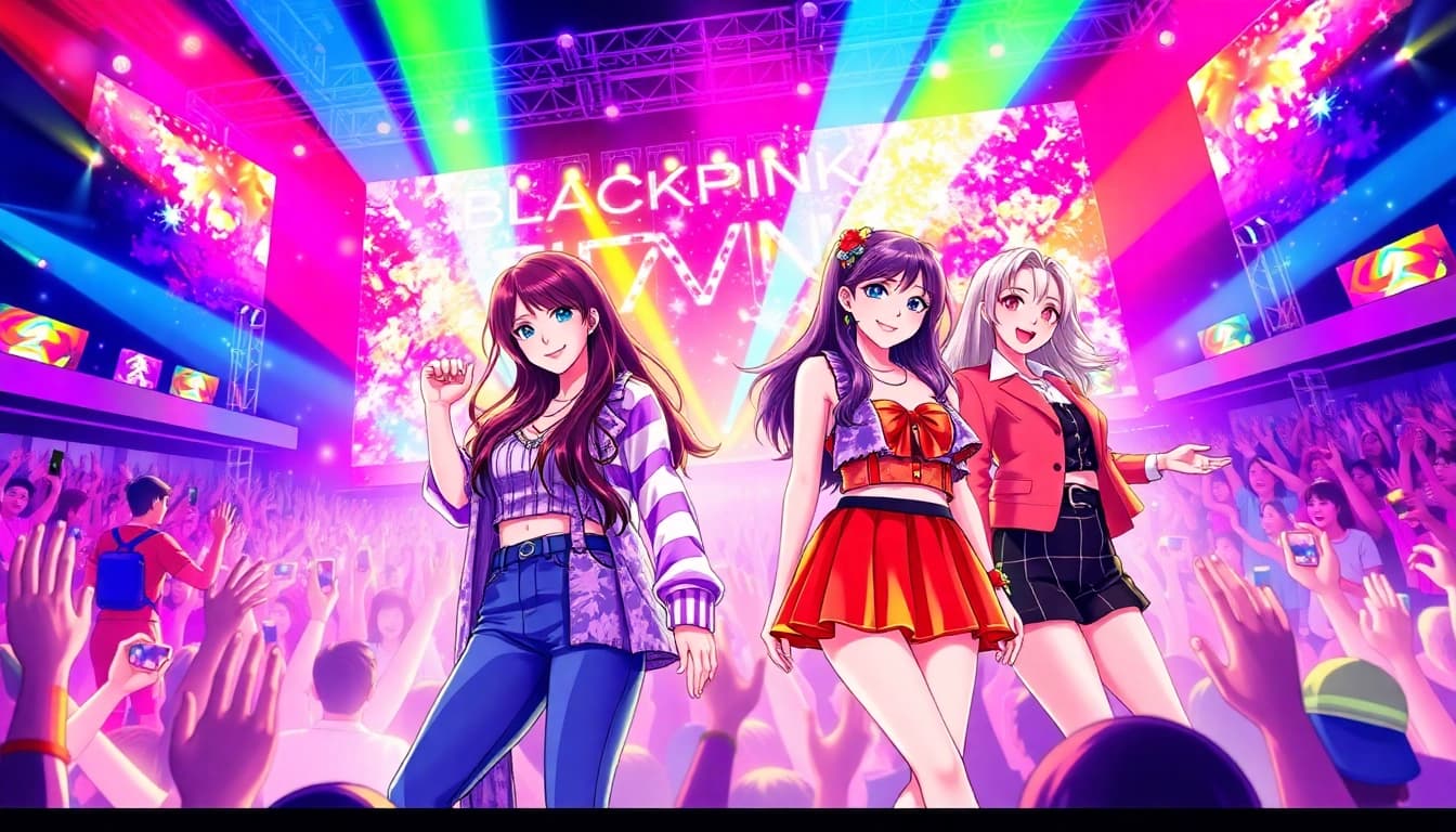 blackpink members performing passionately in a lively concert atmosphere.