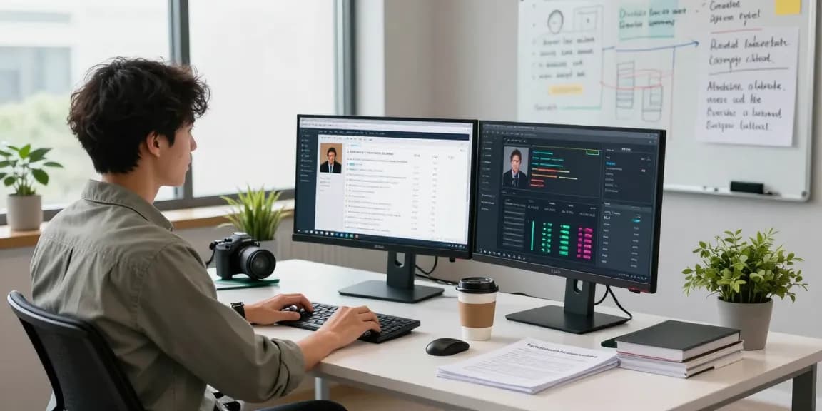Detect AI image in a professional workspace overseeing content moderation and analysis, showcasing analytics dashboards.