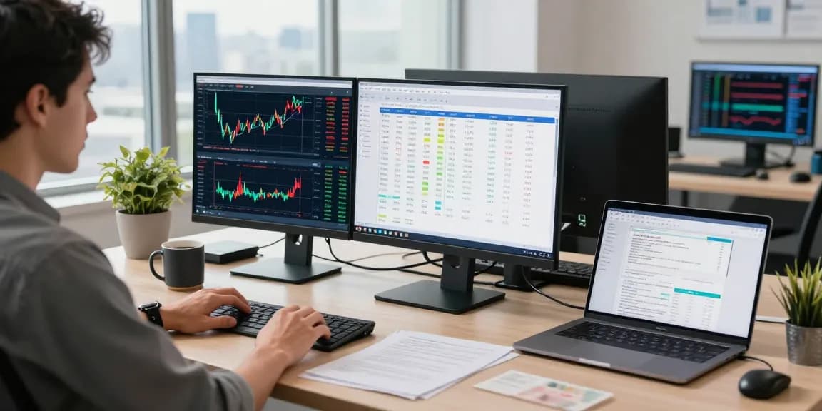 Trader actively using MetaTrader 4 on dual monitors in a modern office, analyzing forex charts and executing trades.