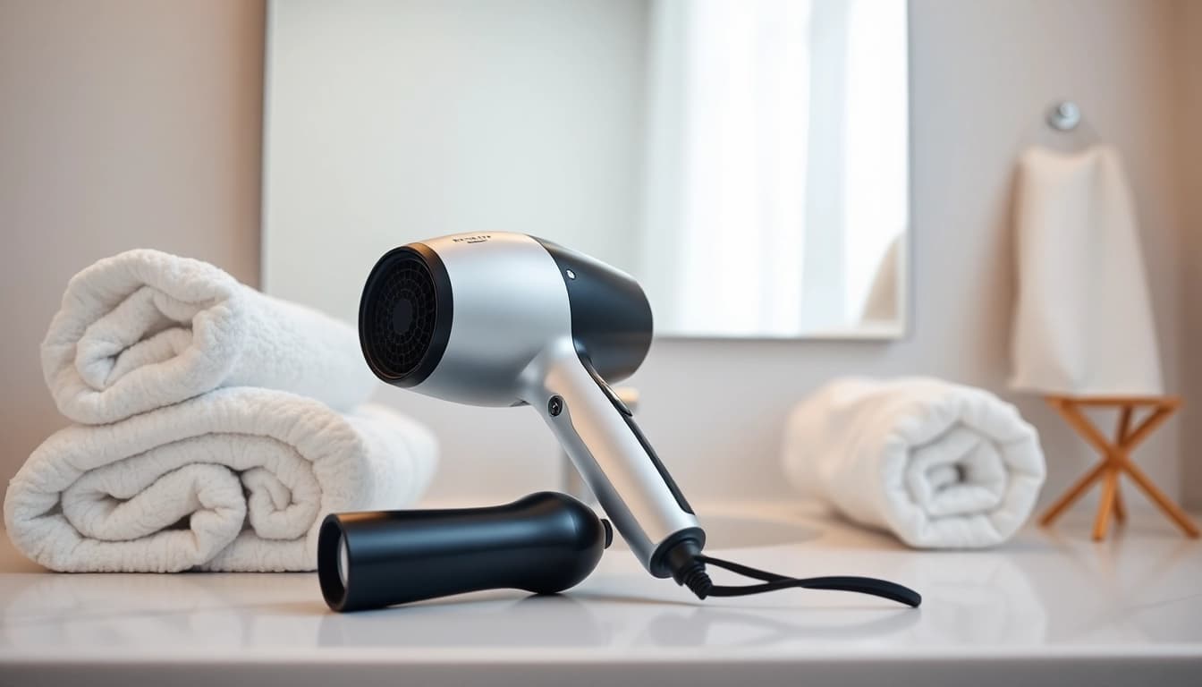 Efficient ionic hair dryer on a stylish vanity with elegant design elements.