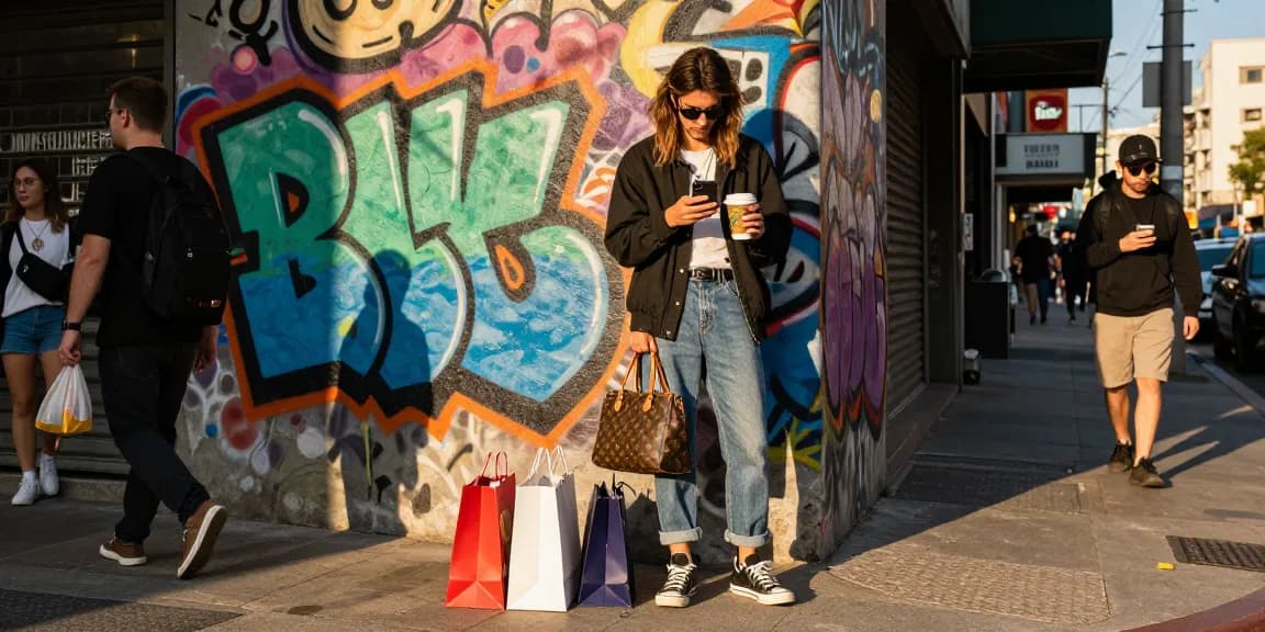 Trendy model in stylish replica clothing from a 레플리카 쇼핑몰 on urban street corner.