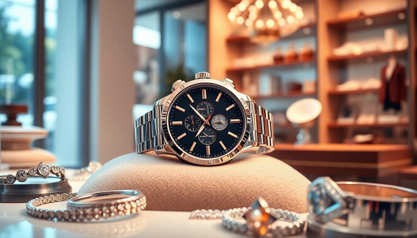 Showcasing a luxury replica watch on a velvet cushion with elegant jewelry, emphasizing quality.