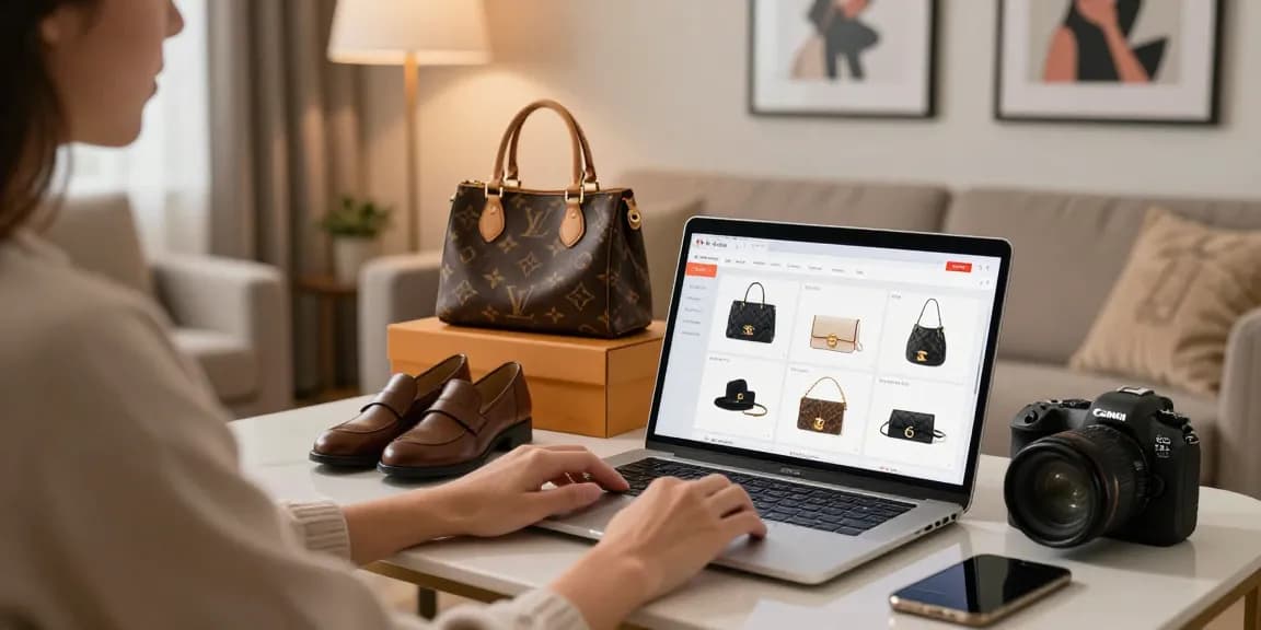 Browsing luxury products on a laptop at home, showcasing 레플리카 사이트 shopping experience.