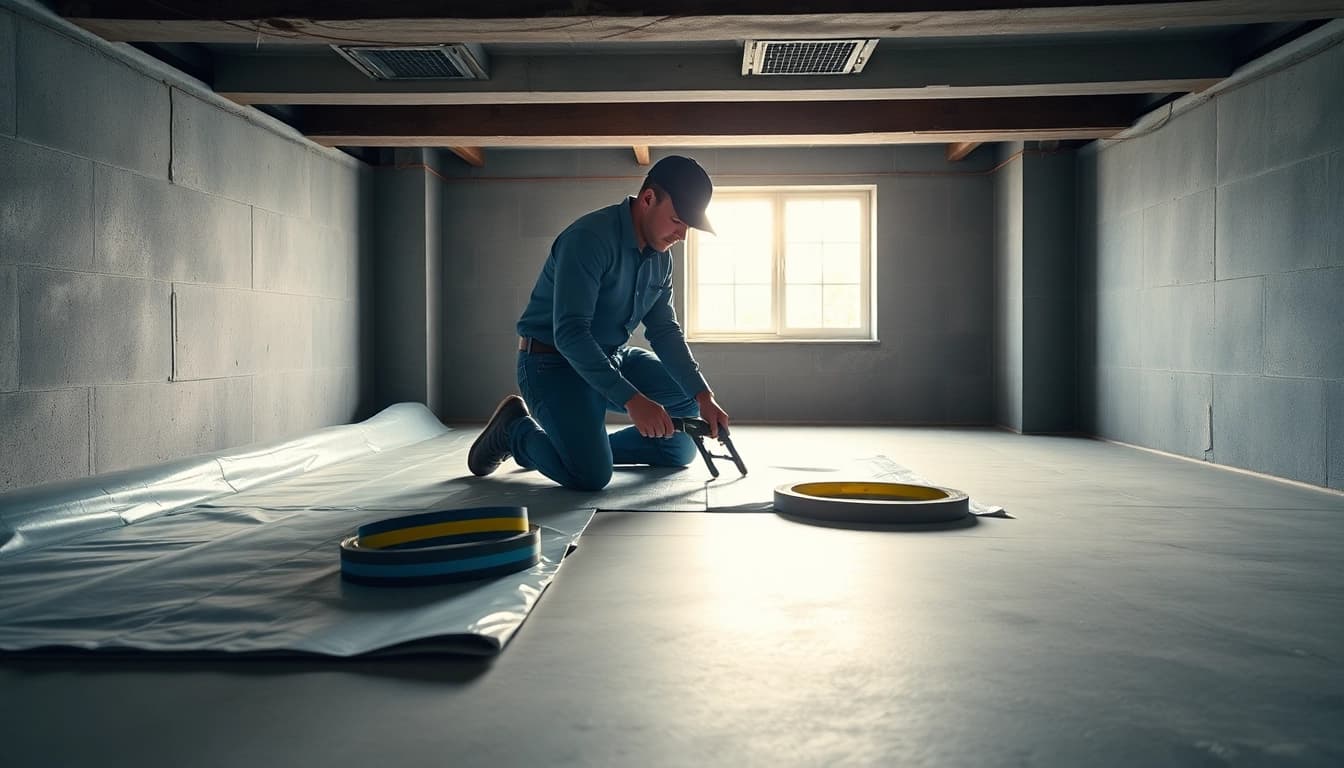Contractor expertly executing vapor barrier installation in a clean crawl space with materials.