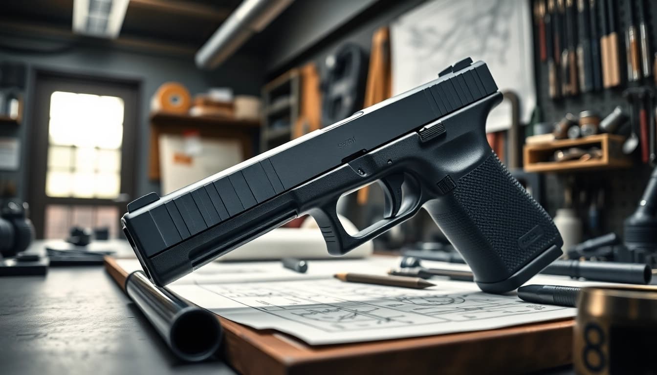 Showcase of a glock 19 slide with intricate details in a well-lit workshop setting.