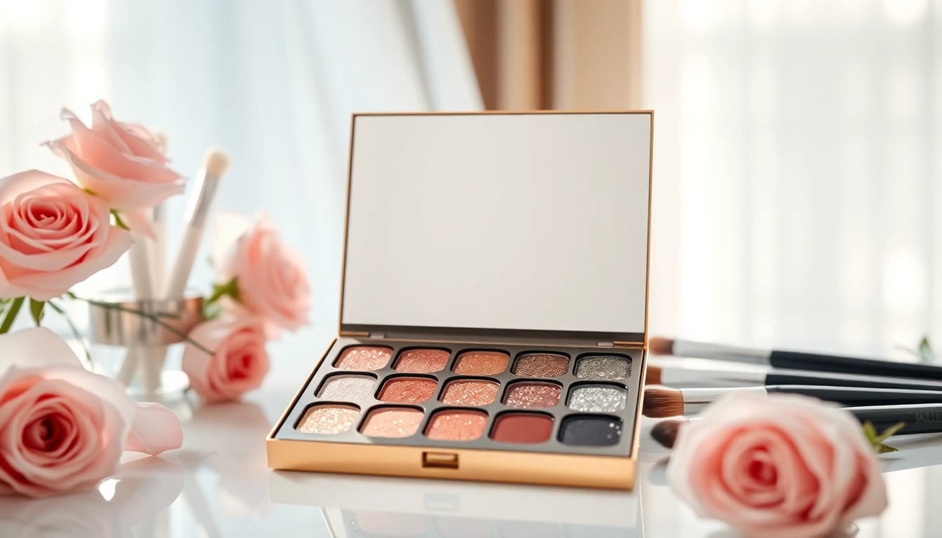 Applying champagne eyeshadow from a luxurious palette, enhancing eye makeup artistry.