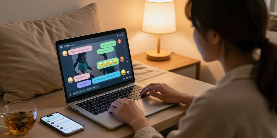 Engaging NSFW chat AI conversation on a laptop in a cozy setting.