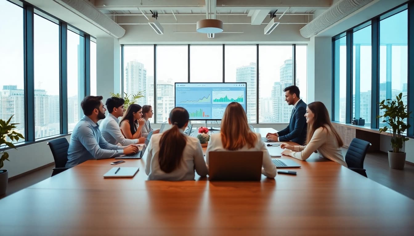 Enhance customer relationships with WhatsApp Smart CRM in a vibrant office collaboration scene.