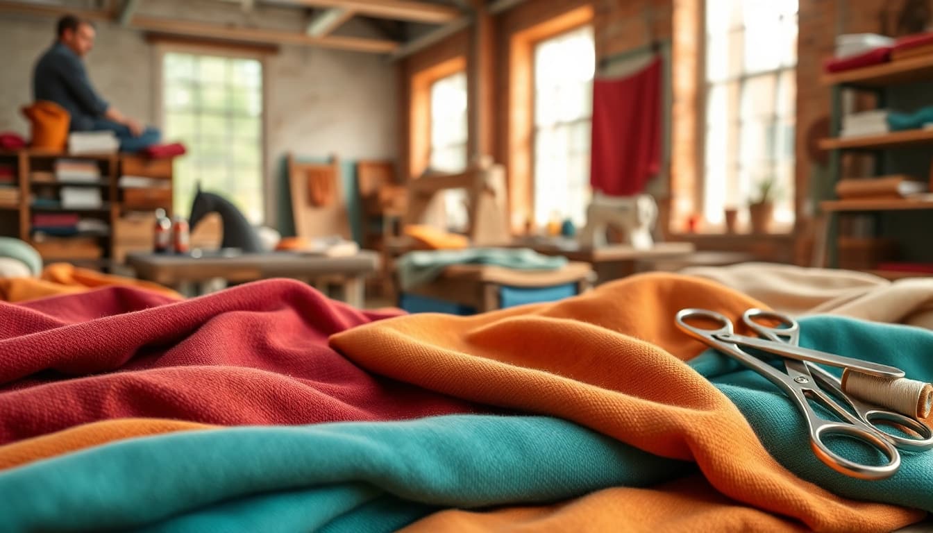 Verken de mogelijkheden van 100% katoen stoffen met verschillende texturen en kleuren in een sfeervolle setting.