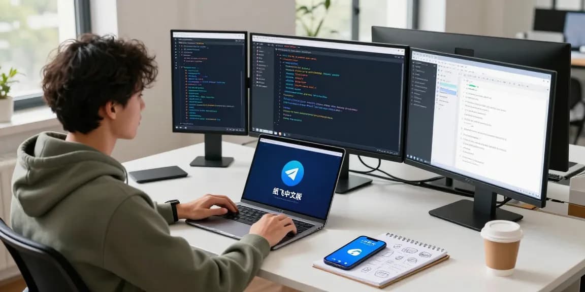 Developer working on 纸飞机中文版 integration at a modern tech workspace, showcasing coding on multiple screens.