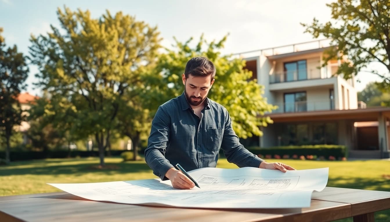 Residential architect creating innovative home designs surrounded by nature.