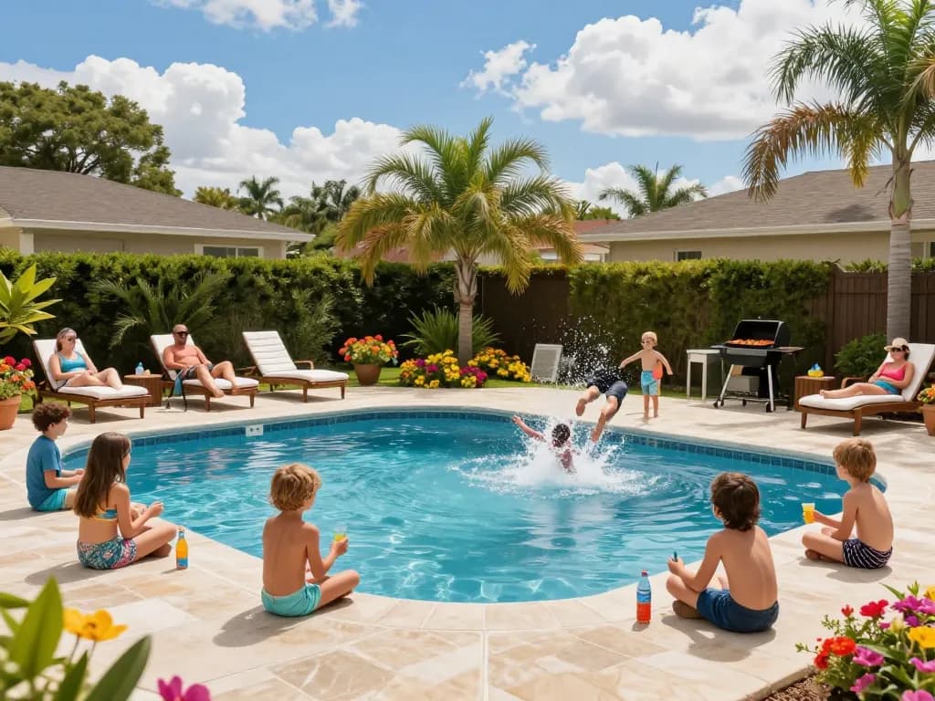 Dolphin Pool Services ensuring a vibrant backyard with families enjoying summer activities by the pool.