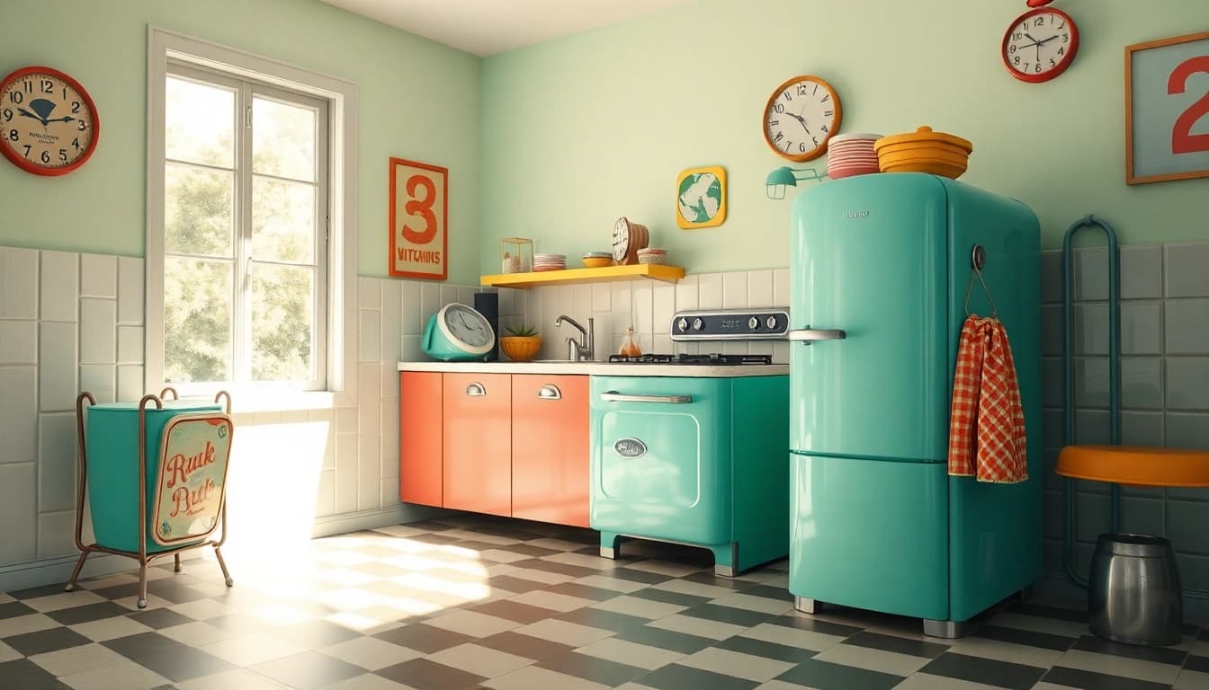 A vibrant retro appliance in mint green enhances a classic kitchen setting with warm sunlight.