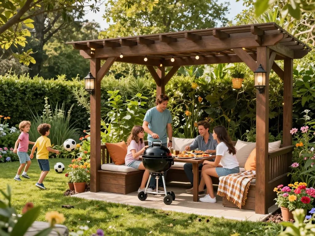 A beautifully designed 3D pergola enhances an outdoor family barbecue in a vibrant garden.