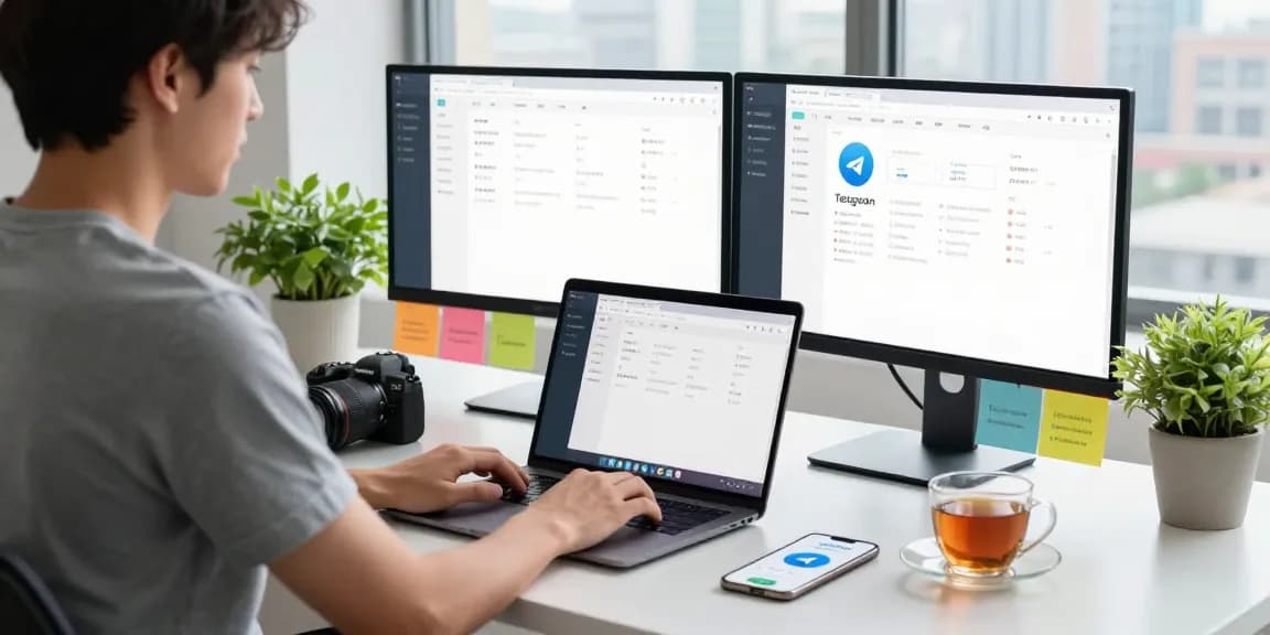 Engaging workspace showcasing telegram中文 on dual monitors and a laptop, highlighting digital communication culture.