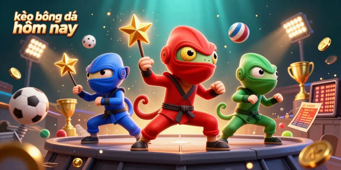 Engage in sports betting with kèo bóng đá hôm nay, showcasing vibrant chameleon ninjas and dynamic sports elements.