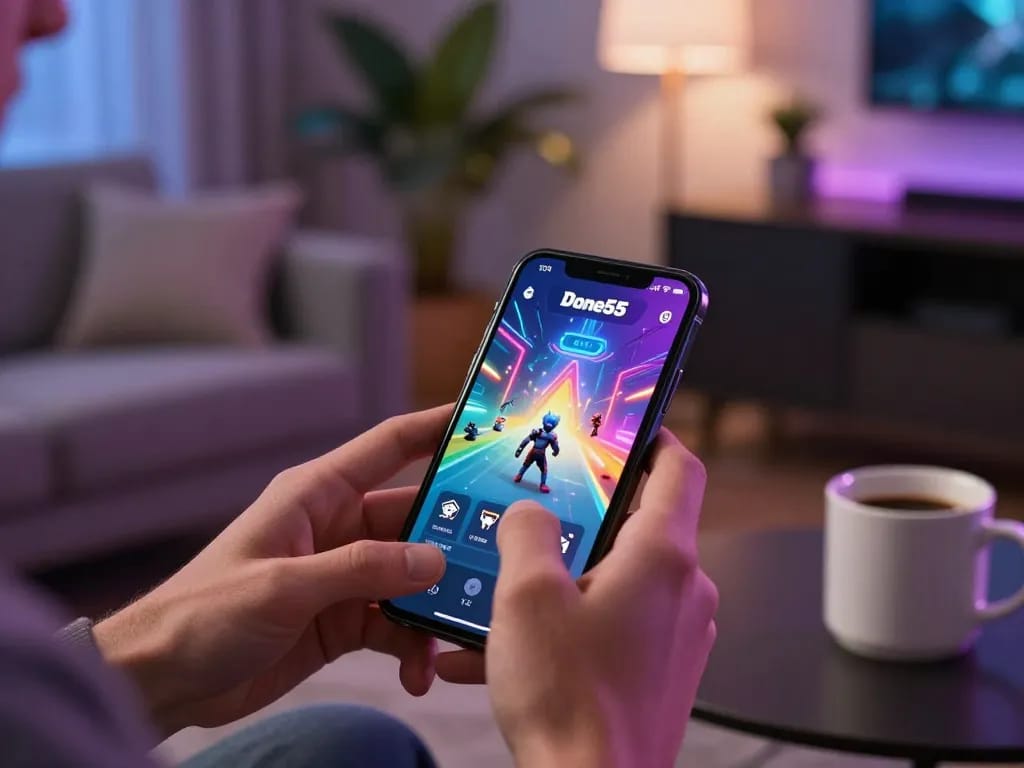 Engaging with the Done55 app for real money gaming in a cozy home setting.