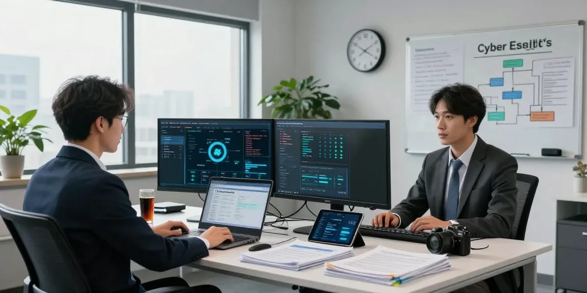 Cyber Essentials managed service workspace with analyst, compliance tools, and cybersecurity dashboards in a professional office environment.