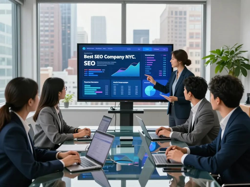 Meeting in NYC office discussing Best SEO Company NYC strategies with diverse professionals.